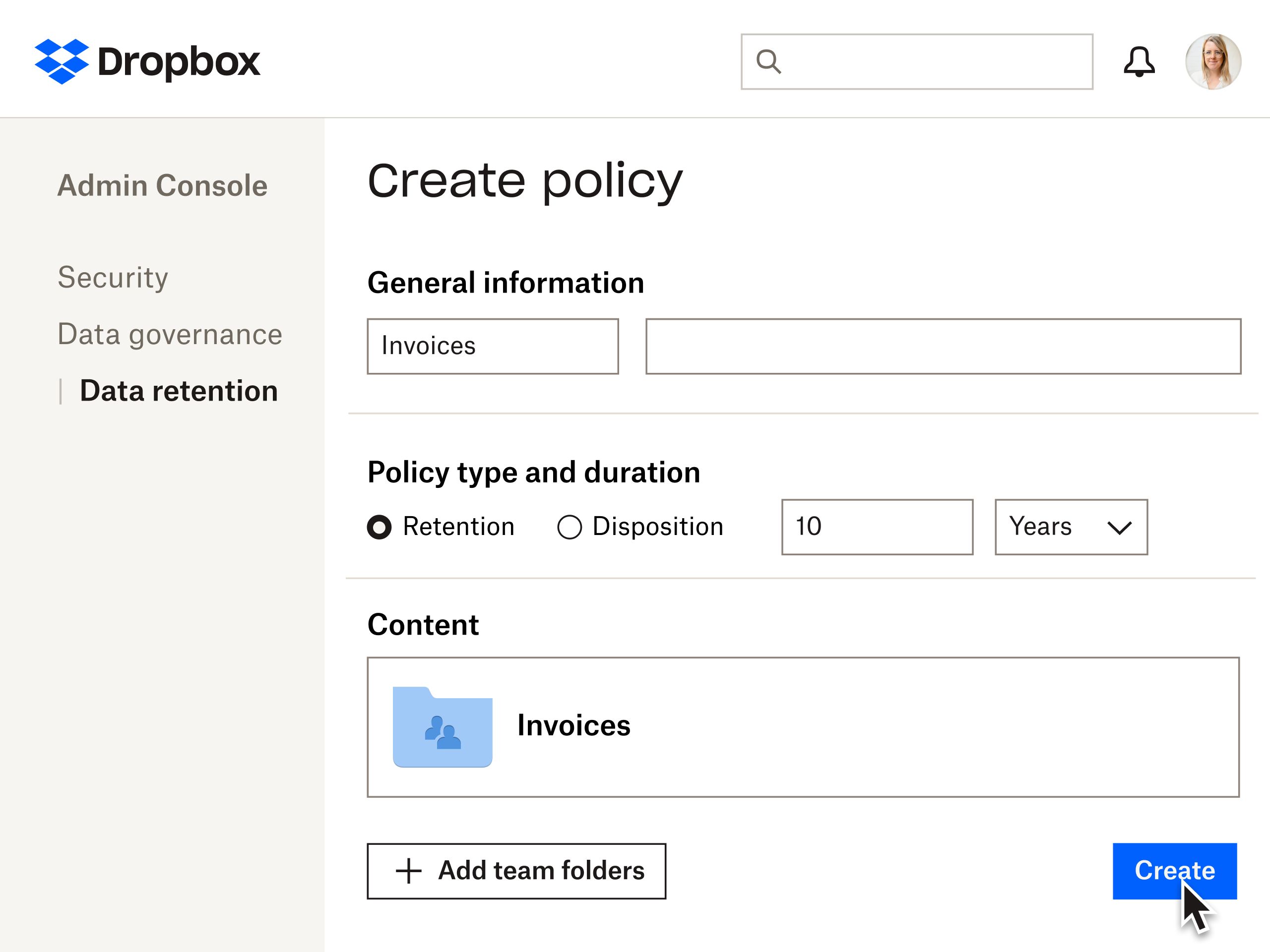 Uma imagem de exemplo do processo de criação de uma política de retenção de dados com o add-on Governança de dados do Dropbox.